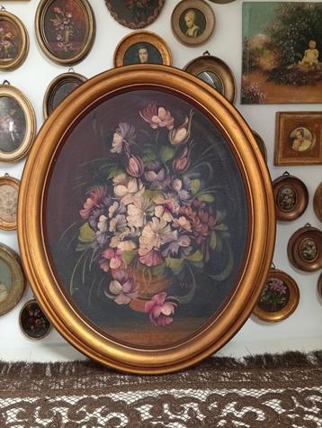 Oud groot ovaal olieverfschilderij schilderij bloemen i91 beschikbaar voor biedingen