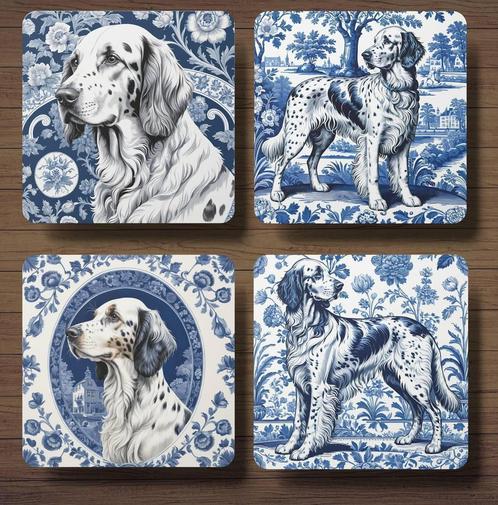 Engelse Setter Delfts Blauw onderzetters met houder, Huis en Inrichting, Woonaccessoires | Onderzetters, Nieuw, Glas of Kopje