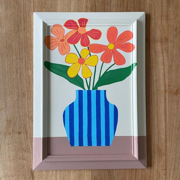 Schilderijtjes handbeschilderd - vaas met bloemen en plant, Huis en Inrichting, Woonaccessoires | Schilderijen, Tekeningen en Foto's