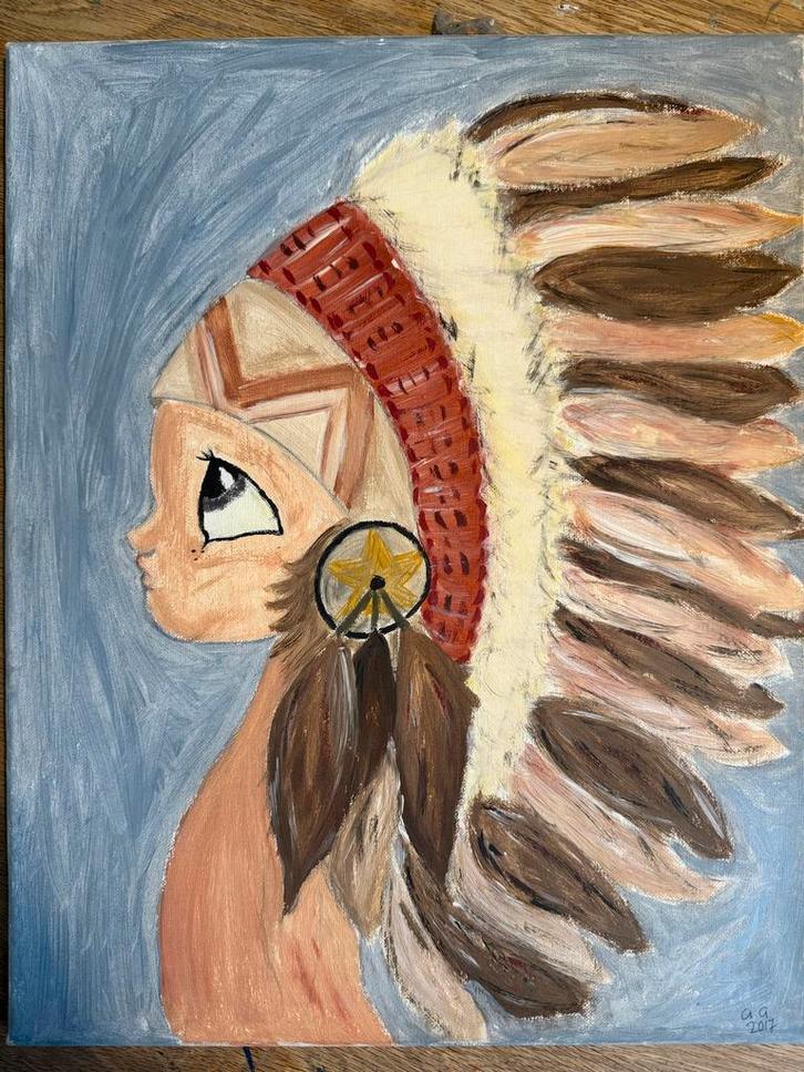 Schilderij: Indiaantje met veren, Antiek en Kunst, Kunst | Schilderijen | Klassiek, Ophalen of Verzenden