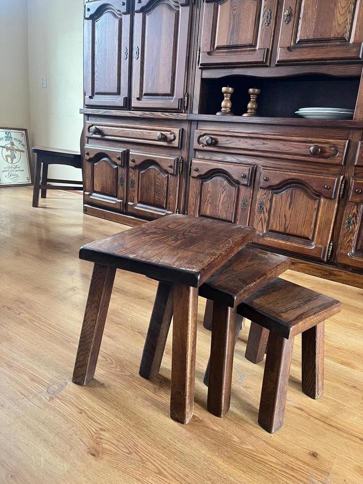 Eiken Bijzettafeltjes / Zitjes - Retro Jaren 80, Huis en Inrichting, Stoelen, Gebruikt, Hout, Bruin, Ophalen