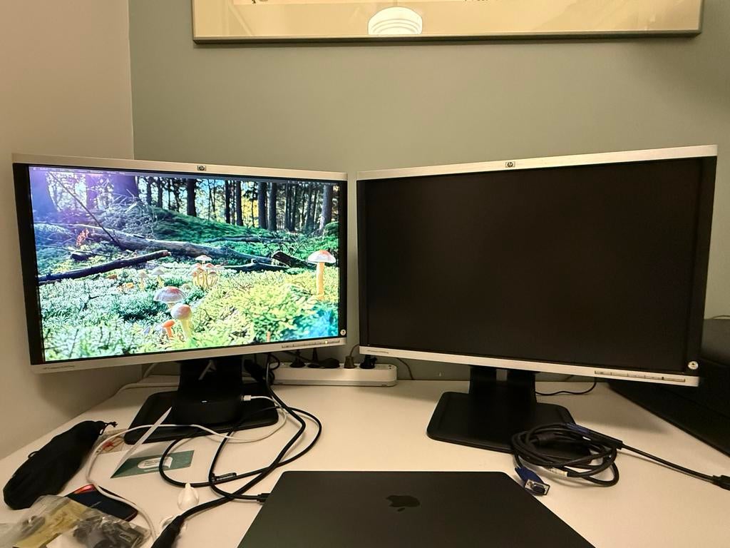 Thuis kantoor te koop: 2x HP 24” + HP Docking Station, Ophalen, In hoogte verstelbaar, Full HD, Zo goed als nieuw