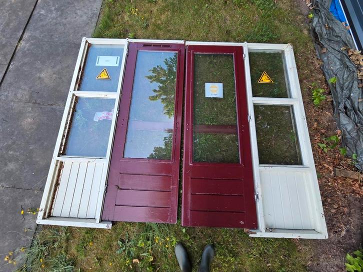 Hardhouten pui met 2 hh deuren, Doe-het-zelf en Verbouw, Kozijnen en Schuifpuien, Gebruikt, Deurkozijn, Hout, 150 tot 225 cm, 150 tot 225 cm