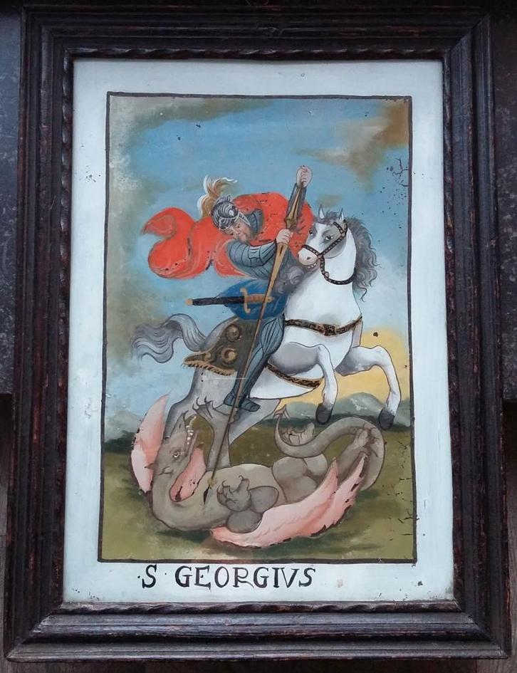 Om 1800 - 1850 Achterglas Schilderij Schildering Sint Joris, Antiek en Kunst, Antiek | Religie, Ophalen of Verzenden