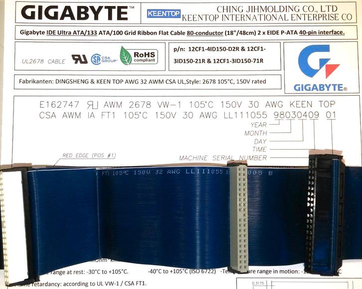 Gigabyte Ultra DMA133 IDE ATA kabel 80-wire KEENTOP 40pin, Computers en Software, Vintage Computers, Ophalen of Verzenden