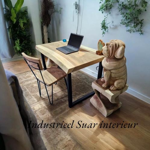 Boomstam bureau / eettafel (Suar) op metalen onderstel NIEUW, Huis en Inrichting, Bureaus, Nieuw, Bureau, Ophalen of Verzenden