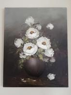 50x40cm op doek grijs/groen tinten helder witte bloemen, Ophalen of Verzenden, Minder dan 50 cm, Schilderij, Minder dan 50 cm