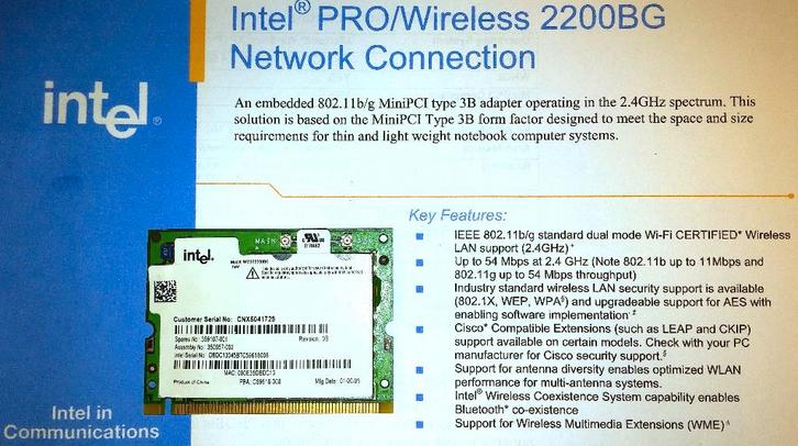 Intel Pro WM3B2200BG MiniPCI 2.4Ghz Wifi PCI netwerkkaart, Computers en Software, Netwerkkaarten, Zo goed als nieuw, Intern, Ophalen of Verzenden