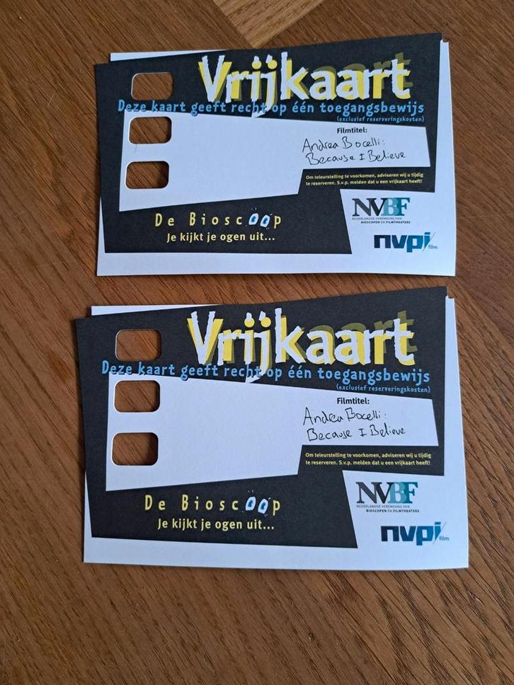 2 Vrijkaarten film Andrea Bocelli, because I believe, Tickets en Kaartjes, Filmkaartjes, Twee personen, Vrijkaartje specifieke film