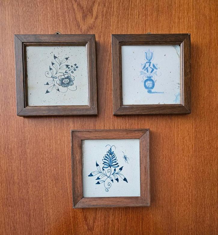 Delfts Blauwe Tegeltjes in Houten Lijst (3 stuks), Antiek en Kunst, Antiek | Wandborden en Tegels, Ophalen of Verzenden