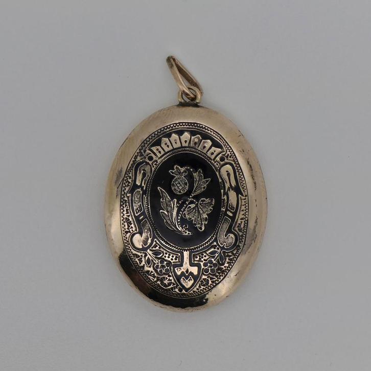 Gouden medaillon 14k met emaille, Sieraden, Tassen en Uiterlijk, Kettinghangers, Zo goed als nieuw, Goud, Goud, Bloem of Plant