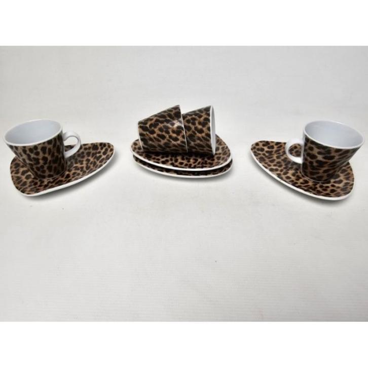 # Bruin zwarte tijger print espresso kop en schotel 4 stuks, Huis en Inrichting, Keuken | Servies, Zo goed als nieuw, Kop(pen) en/of Schotel(s)