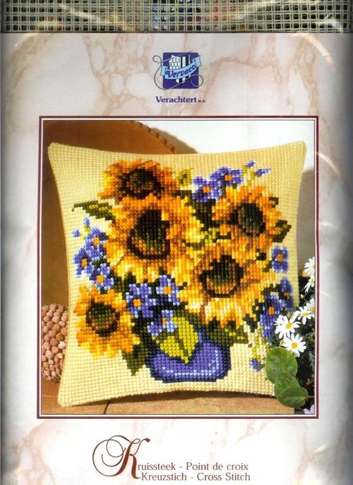 Cado vervaco borduurpakket kussen, pot zonnebloemen, Hobby en Vrije tijd, Borduren en Borduurmachines, Nieuw, Borduurpakket, Handborduren