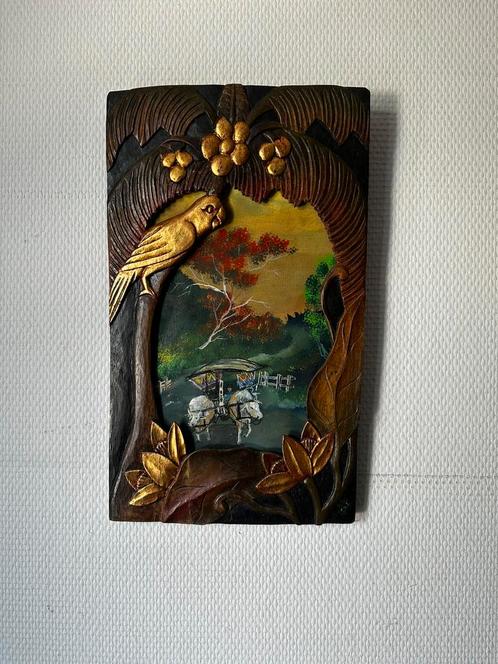 Handgesneden houten wanddecoratie –ossenkar scene – ca. 1970, Antiek en Kunst, Kunst | Schilderijen | Abstract, Ophalen of Verzenden