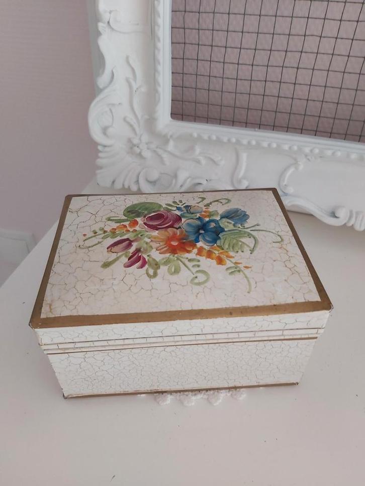 Brocante handbeschilderd blik bol deksel wit bloemen brenco, Antiek en Kunst, Curiosa en Brocante, Ophalen of Verzenden