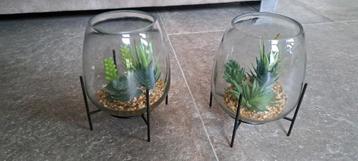 2x glazen stolp met kunstplantjes. beschikbaar voor biedingen