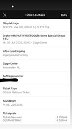 Drake 2 Tickets Concert- 30. Juli 2025 -Ziggo Dome Amsterdam, Tickets en Kaartjes, Twee personen, Juli