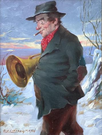 c a 1920==de muzikant op weg naar huis == GESIGNEERD== beschikbaar voor biedingen