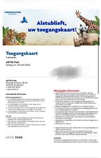 Artis entree, Tickets en Kaartjes, Eén persoon, Ticket of Toegangskaart