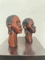 Afrikaanse Vintage Handgesneden Mahoniehouten Masai-bustes, Ophalen of Verzenden