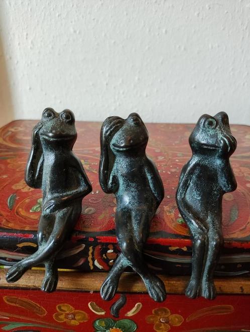3 prachtige bronzen beeldjes kikkers 'Horen Zien en Zwijgen', Antiek en Kunst, Antiek | Koper en Brons, Verzenden