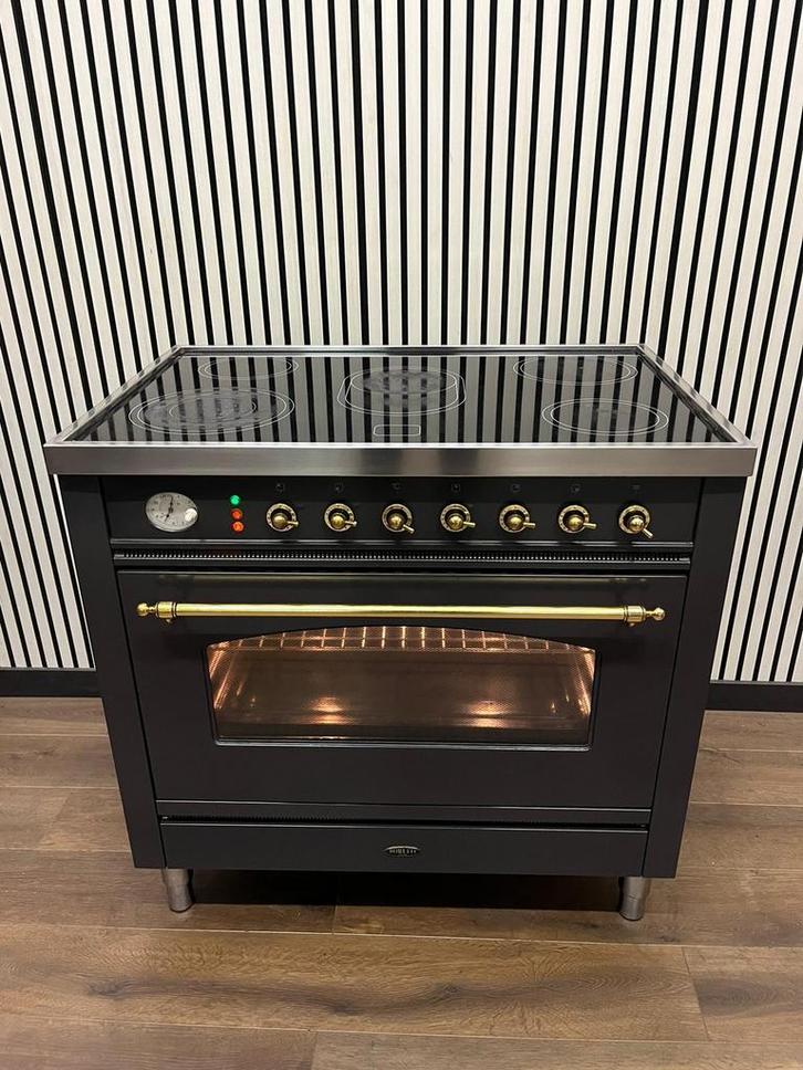 Luxe Boretti keramisch Fornuis antraciet/messing 90 cm, Witgoed en Apparatuur, Fornuizen, Zo goed als nieuw, Vrijstaand, Gas, 5 kookzones of meer