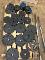 Partij domyos gietijzer +/- 70/80KG met stangen, Sport en Fitness, Fitnessmaterialen, Ophalen, Gebruikt, Benen, Halterschijven