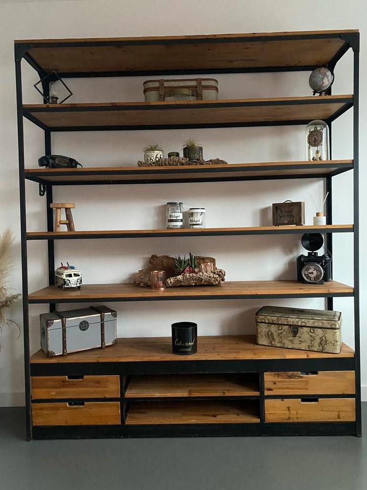 Industriële Boekenkast met Ladder - Rootsmann, Huis en Inrichting, Kasten | Boekenkasten, Zo goed als nieuw, 150 tot 200 cm, 200 cm of meer