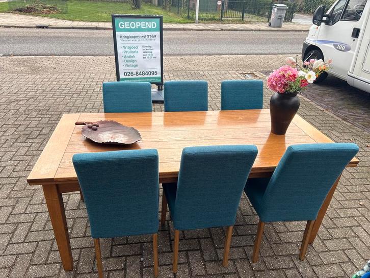 Uitschuifbare eethoek + 6 stoelen, Huis en Inrichting, Stoelen, Gebruikt, Vijf, Zes of meer stoelen, Hout, Bruin, Ophalen