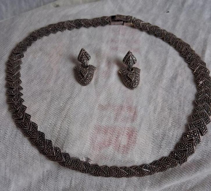 Zilveren Collier met Markasiet & Oorstekers, Antiek en Kunst, Antiek | Goud en Zilver, Zilver, Ophalen of Verzenden