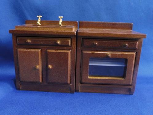 Keuken set gootsteenkastje + oven notenhout poppenhuis 1:12, Verzamelen, Poppenhuizen en Toebehoren, Nieuw, Poppenhuis, Ophalen of Verzenden