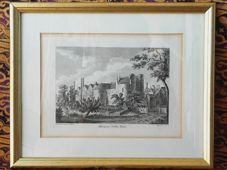 Mooie antieke ingelijste Engelse ets van Allington castle., Antiek en Kunst, Kunst | Etsen en Gravures, Ophalen of Verzenden