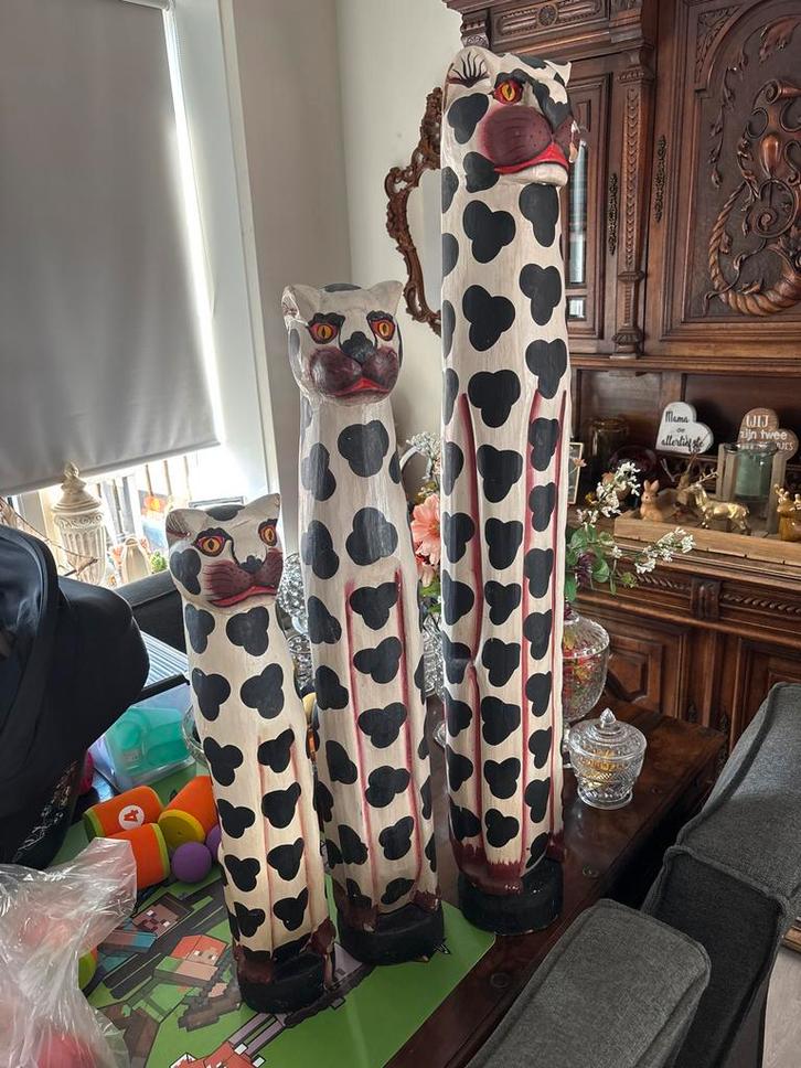 3 Antieke Houten Kattenbeelden, Antiek en Kunst, Antiek | Keramiek en Aardewerk, Ophalen
