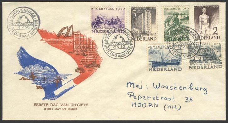 Nederland FDC E1a Met Adres, Zomerzegels 1950, Postzegels en Munten, Postzegels | Eerstedagenveloppen, Beschreven, Nederland, Ophalen of Verzenden