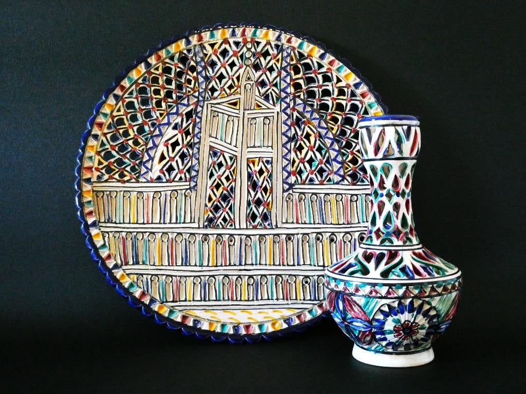 Kerfsnede vaas met wandbord floraal keramiek, Ophalen of Verzenden