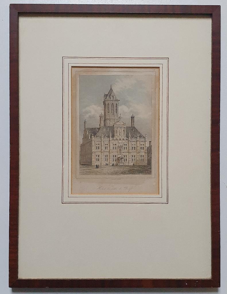 Staalgravure handgekleurd 1800 Hotel de Ville/Stadhuis Delft, Antiek en Kunst, Kunst | Etsen en Gravures, Ophalen of Verzenden