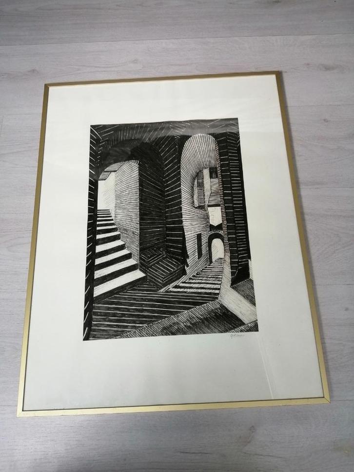 Schilderij,  aquarel kopie van Escher, Huis en Inrichting, Woonaccessoires | Schilderijen, Tekeningen en Foto's, Zo goed als nieuw