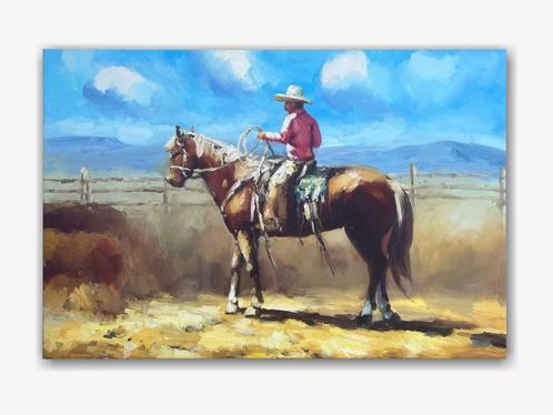 Schilderij cowboy op paard, Antiek en Kunst, Kunst | Schilderijen | Klassiek, Verzenden