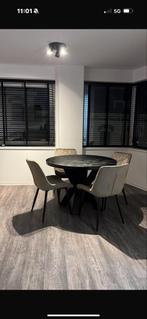 Ronde Mangohouten Eettafel + 4 Stoelen, Huis en Inrichting, Tafels | Eettafels, Ophalen, 100 tot 150 cm, Rond, Zo goed als nieuw
