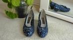 Vintage Bally Suisse blauw geborduurde materiaal 6,5 E, Schoenen met lage hakken, Blauw, Ophalen of Verzenden, Gedragen