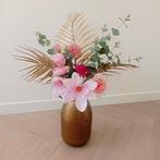 Goudkleurige vaas met bloemtakken licht roze / groen / goud, Ophalen of Verzenden, Zo goed als nieuw, Binnen