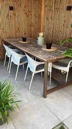 Tuintafel met teakhout blad en stalen onderstel 240x100, Tuin en Terras, Tuintafels, Ophalen, Gebruikt, Rechthoekig, Teakhout