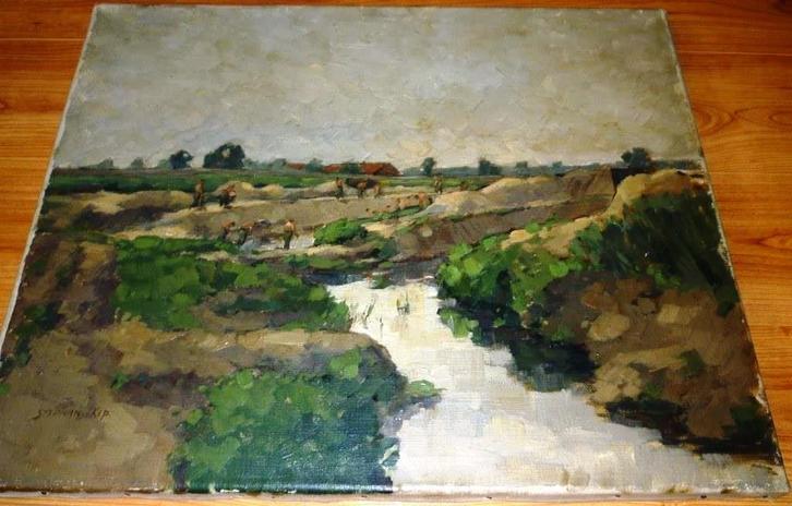 Olieverf - 1950 - Stephan Kip - Grond Weg en Waterbouw, Antiek en Kunst, Kunst | Schilderijen | Klassiek, Ophalen