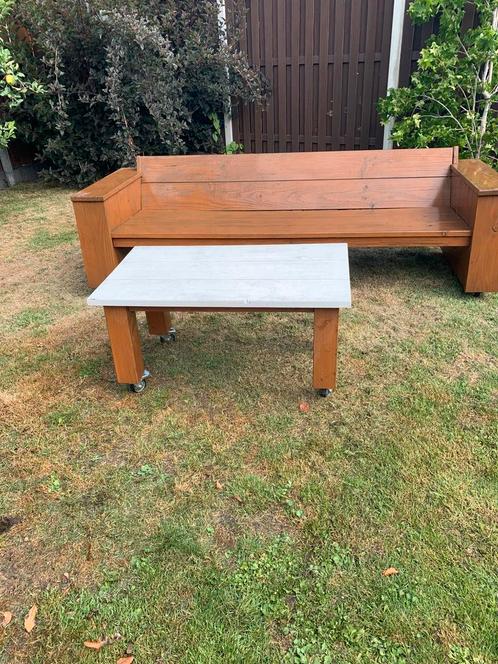 Houten tuinbank en tafel met zwenkwielen TEAB, Tuin en Terras, Tuinbanken, Gebruikt, Hout, Ophalen