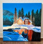 Schilderij Winterlandschap met Huisje - 40x40 cm, Ophalen of Verzenden