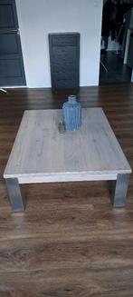 Licht vergrijsde eikenhouten salontafel met RVS poten, Ophalen, Gebruikt, 100 tot 150 cm, Eikenhout