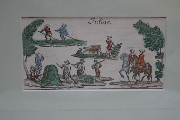Vrolijke gravure Julius, juli hooimaand 18e eeuw paardrijden, Antiek en Kunst, Kunst | Etsen en Gravures, Verzenden