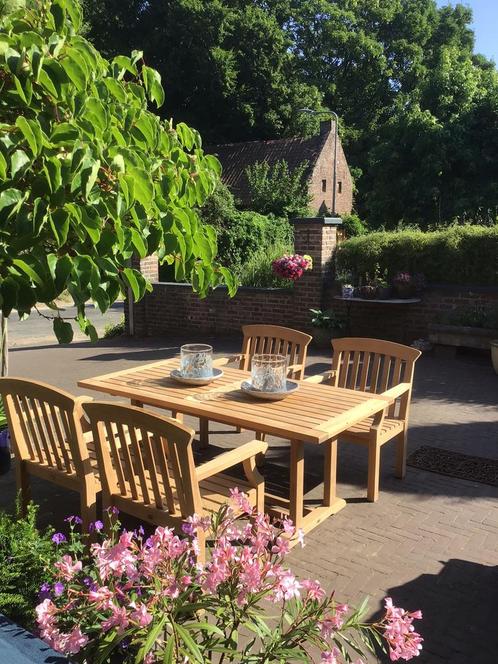 Mooie teakouten tuinset van Gloster in zgst, Tuin en Terras, Tuintafels, Rechthoekig, Teakhout, Ophalen