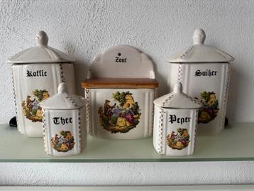 Antiek koffie, thee, suiker, zout en peper set beschikbaar voor biedingen
