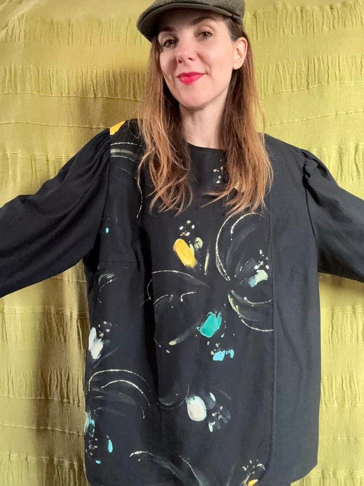 Vintage 90’s top met print zwart, grote maten, 52-54, Kleding | Dames, Tops, Gedragen, Maat 46/48 (XL) of groter, Zwart, Lange mouw